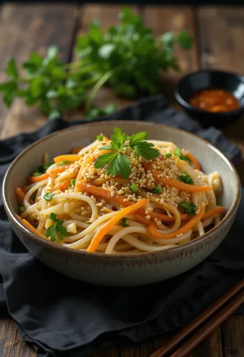 Japchae cu ghimbir, servit cu tăiței de cartof dulce și legume