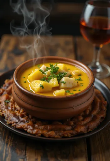 Moqueca servită cu ananas, pește și lapte de cocos
