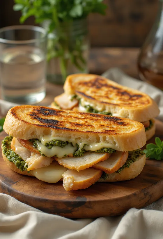 Panini cu pui, mozzarella și sos pesto, la grătar
