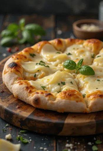 Pizza ai Formaggi servită cu diverse brânzeturi și busuioc proaspăt