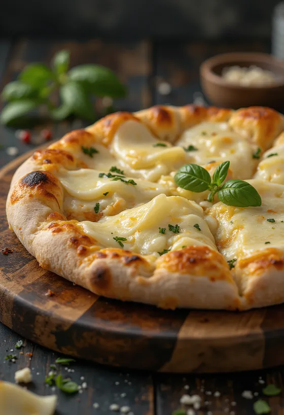 Pizza ai Formaggi servită cu diverse brânzeturi și busuioc proaspăt