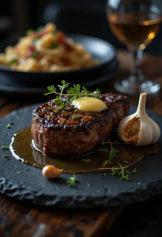 Rib eye steak prăjit auriu, servit cu ierburi proaspete și unt