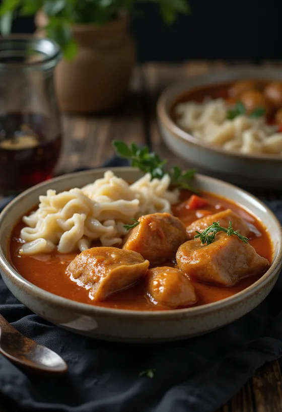 Tocăniță de porc cu găluște pe farfurie