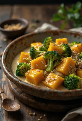 Curry de dovleac și broccoli cu tahini
