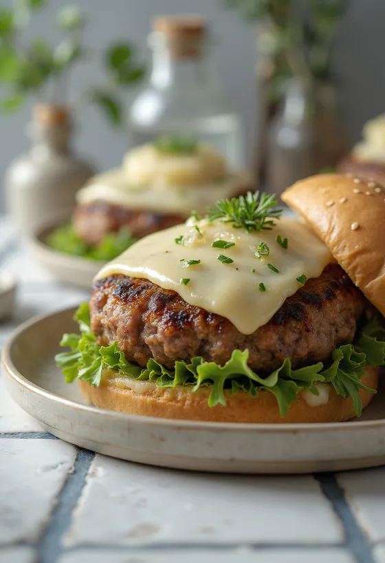 Burger de vițel cu tarhon servit