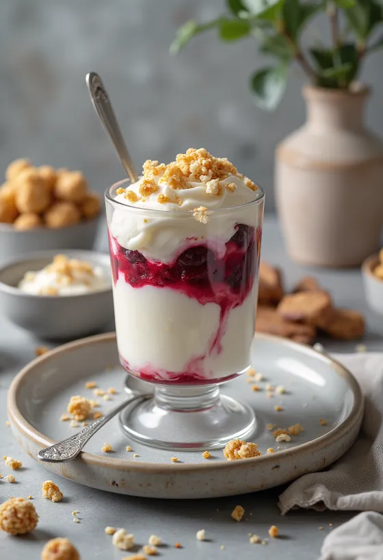 Sundae cu tofu în pahar cu fructe de pădure și granola