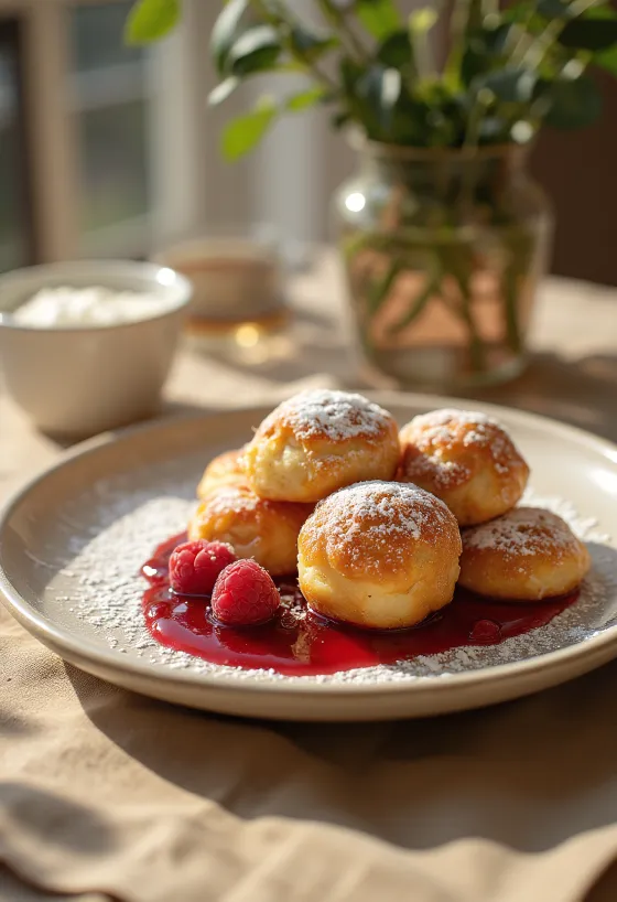 Æbleskiver cu dulceață de zmeură și zahăr pudră