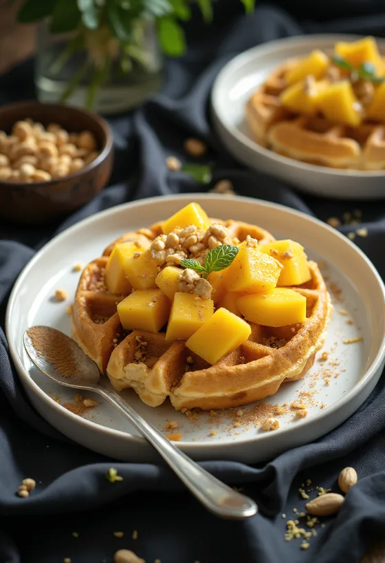Gofre de inspirație africană cu mango, arahide și suc de lime