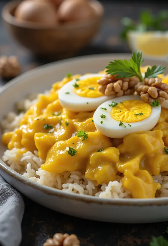 Ají de gallina cu ou, servit în sos bogat