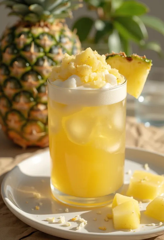 Cidru cu ananas și cocos servit în pahar