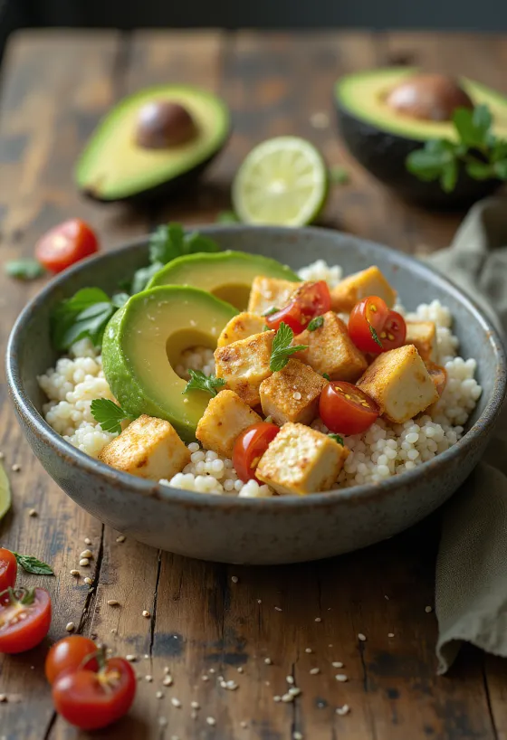 Salată de tofu cu avocado și lime pe pat de quinoa
