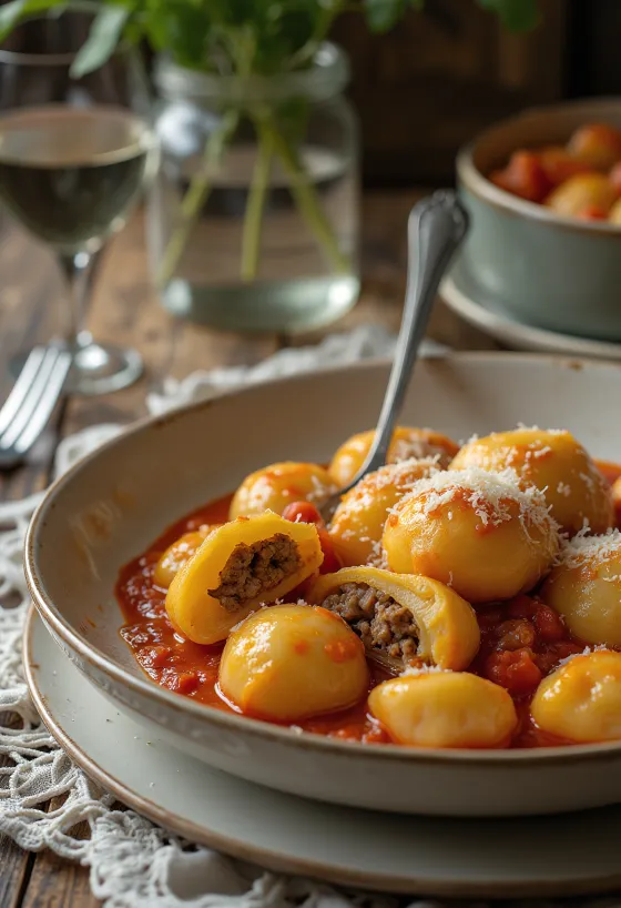 Gnocchi cu umplutură de carne serviți