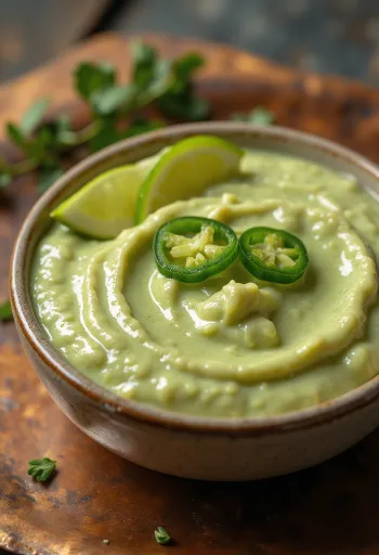 Sos de jalapeños cu lime într-un bol, decorat cu felii de lime și coriandru proaspăt