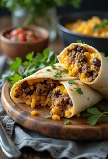 Burrito mexican în rulou de tortilla, umplut cu orez, fasole și carne de vită