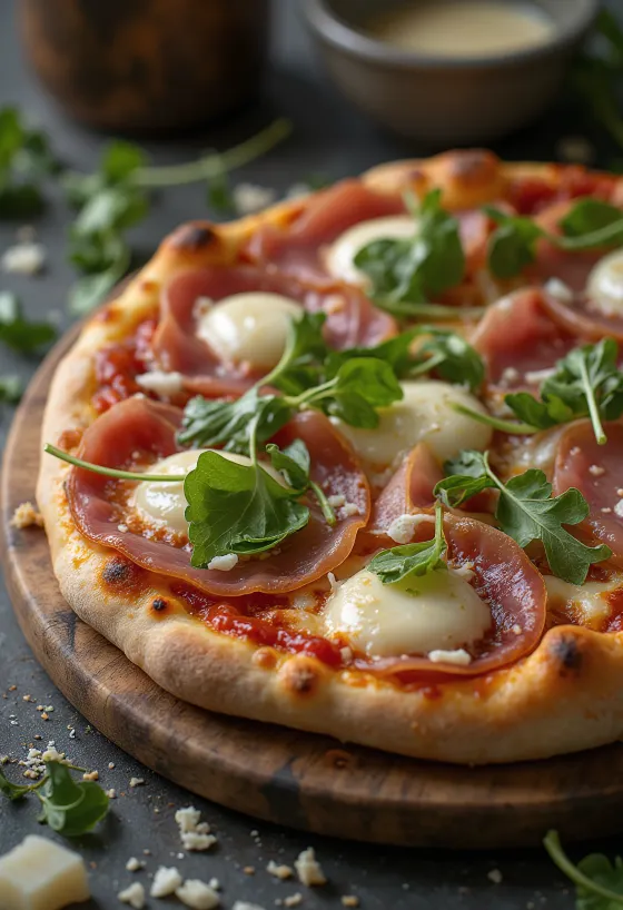 Pizza al Prosciutto Crudo servită cu șuncă de Parma și rucola