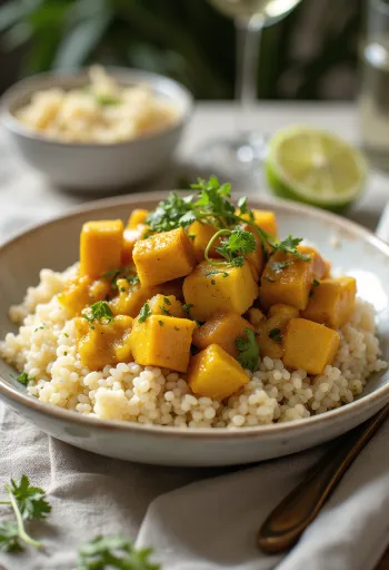 Curry de quinoa cu dovleac și tofu cu lime servit