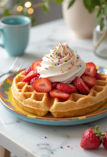 Gofre aniversare colorate cu frișcă și căpșuni