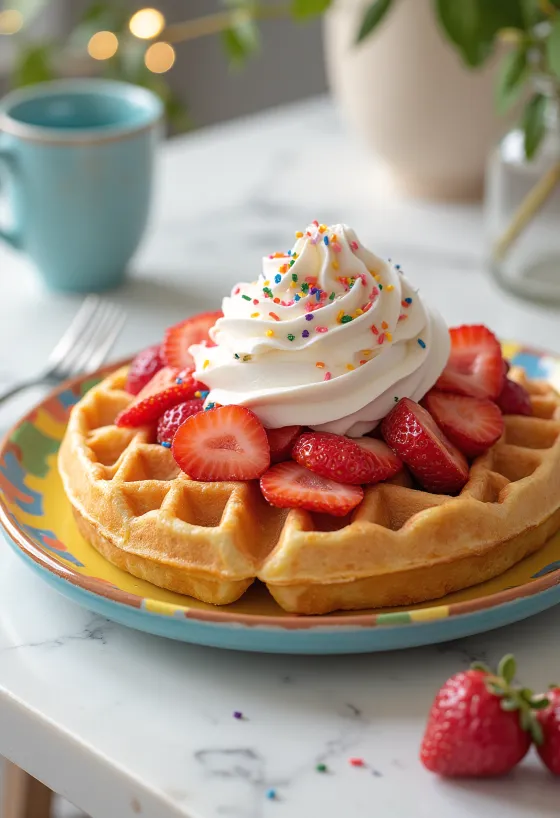 Gofre aniversare colorate cu frișcă și căpșuni