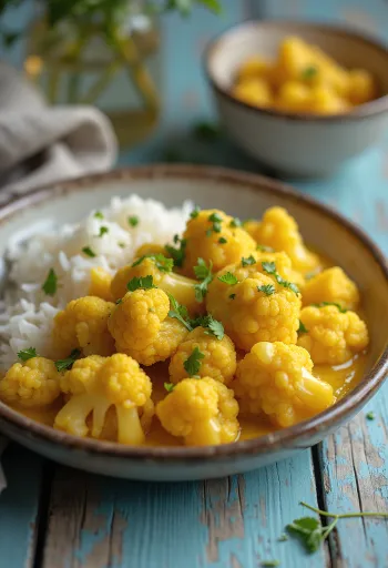 Curry vegan de conopidă servit cu lapte de cocos și condimente