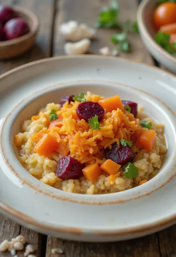 Açorda cu legume, în bol decorat cu pătrunjel