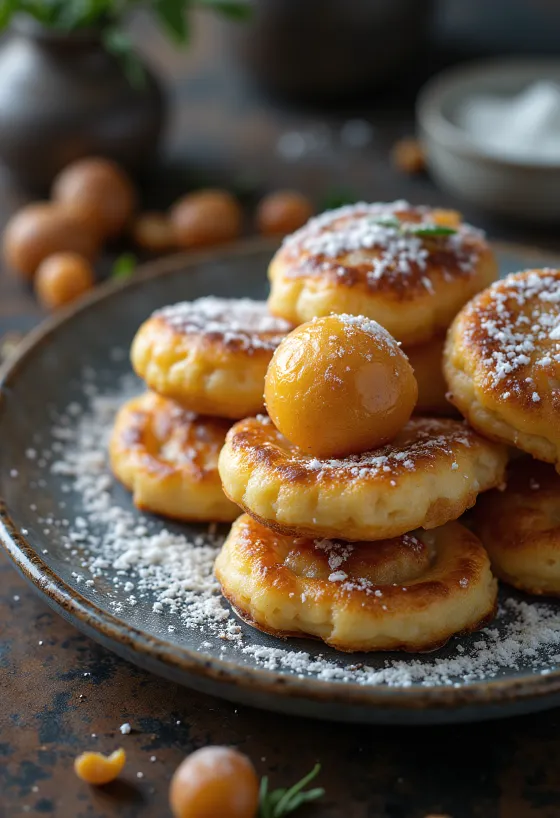 Clătite Æbleskiver, presărate cu zahăr pudră