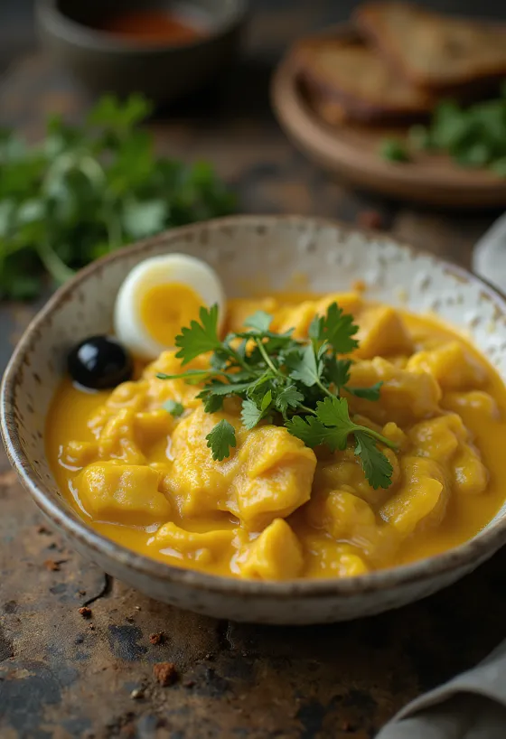 Ají de gallina servit cu coriandru, cu sos cremos