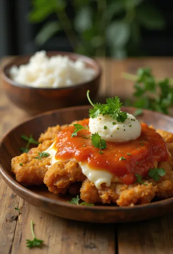 Ayam geprek cu brânză, piept de pui crocant servit cu brânză și sambal, alături de orez