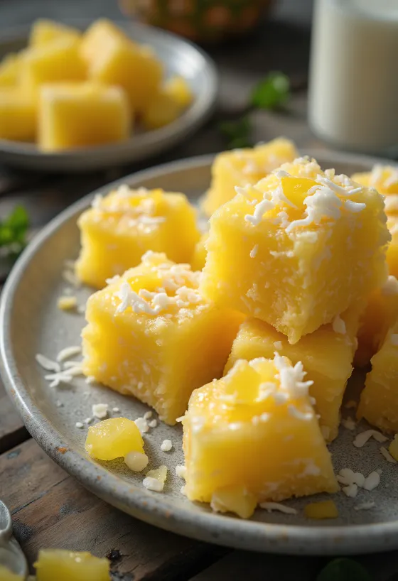 Cocada cu ananas, dulce cu cocos și bucăți de ananas proaspăt