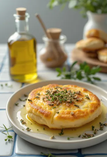 Crumpet auriu și moale servit cu ulei de măsline condimentat