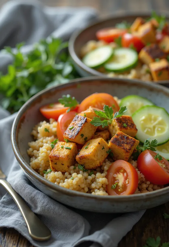 Tofu la grătar servit cu salată de quinoa