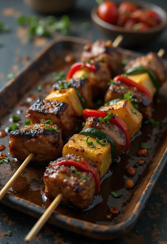 Frigărui de cangur cu sos chili servite pe un platou rustic.