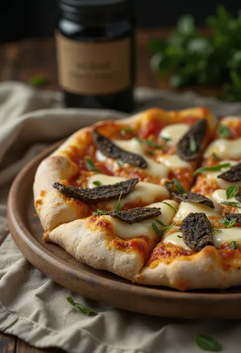 Pizza cu trufe servită cu mozzarella și brânză parmezan