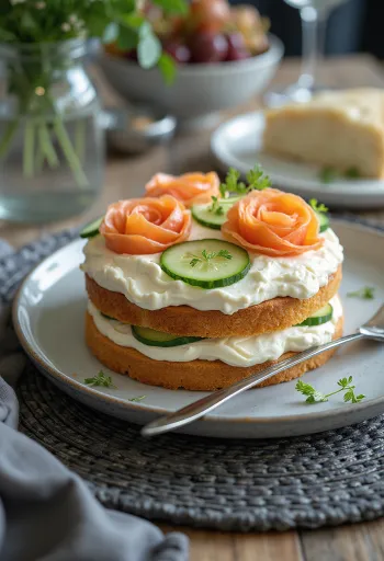 Tort sandviș Smörgåstårta decorat festiv cu trandafiri din somon