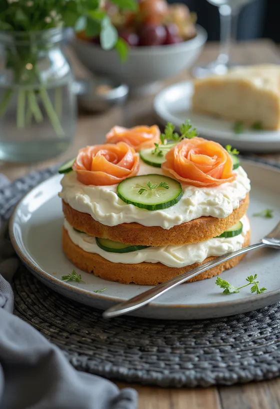 Tort sandviș Smörgåstårta decorat festiv cu trandafiri din somon