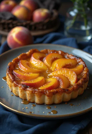 Tarte Tatin cu piersici, pandișpan caramelizat cu felii de piersici