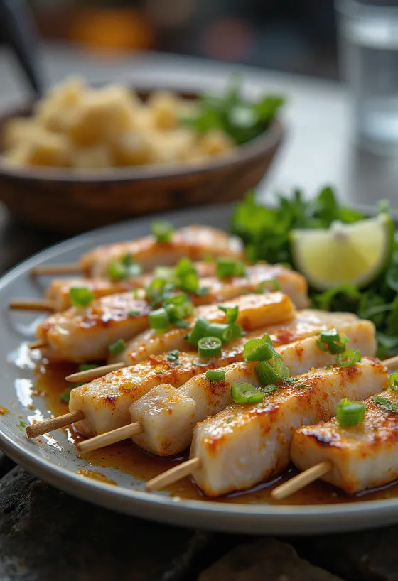 Anticucho de pescado, pește la grătar cu lime și legume proaspete