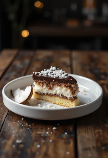 Tort Bounty decorat cu glazură de ciocolată și fulgi de cocos