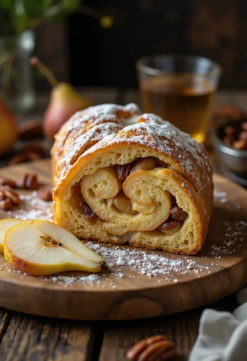 Stollen cu pere și nuci pecan feliat, presărat cu zahăr pudră