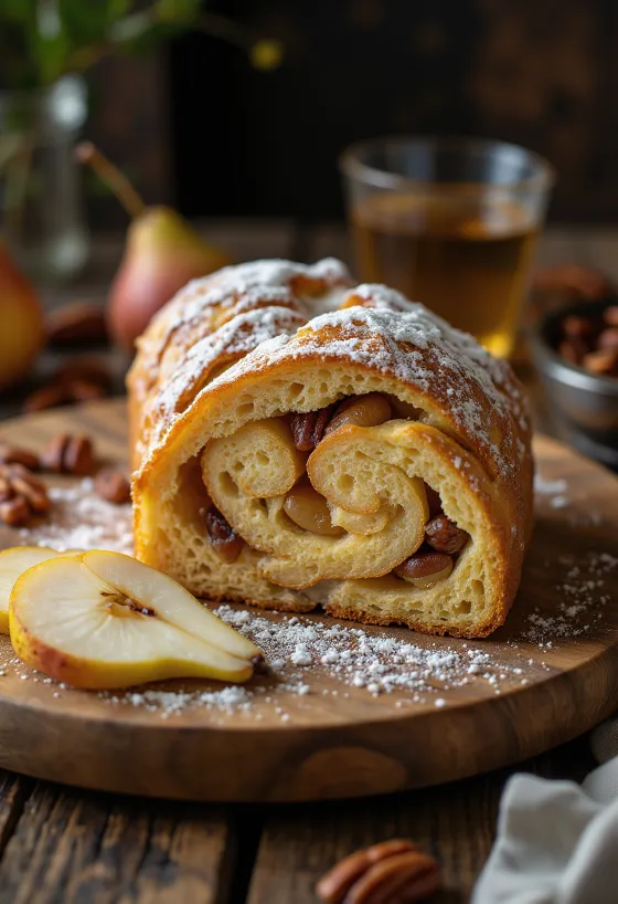 Stollen cu pere și nuci pecan feliat, presărat cu zahăr pudră