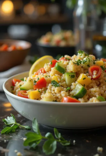 Salată proaspătă de cușcuș servită cu legume colorate și ierburi aromatice.