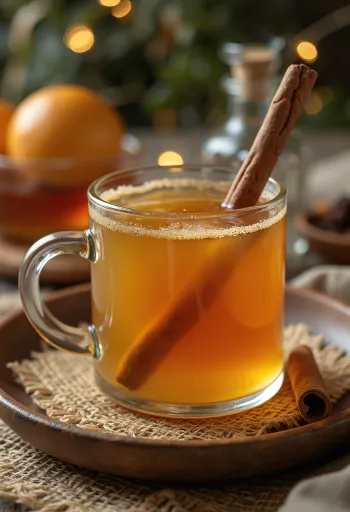 Băutură Punci cu miere și caramel decorată cu felii de portocală și bețe de scorțișoară