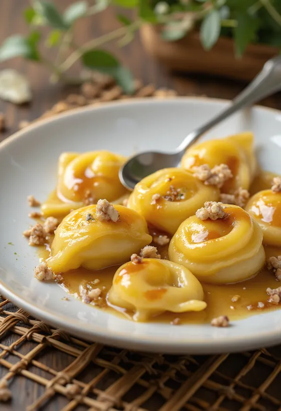 Ravioli dulci cu sos de caramel și ciocolată