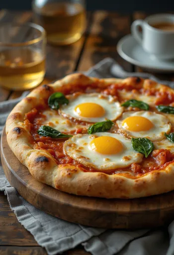 Pizza alla Bismark servită cu ou proaspăt și spanac