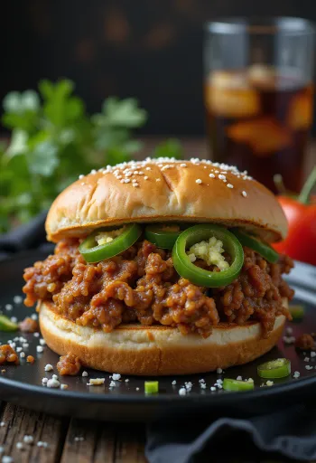 Sandviș Sloppy Joe preparat cu Jalapeño, cu umplutură bogată de carne tocată