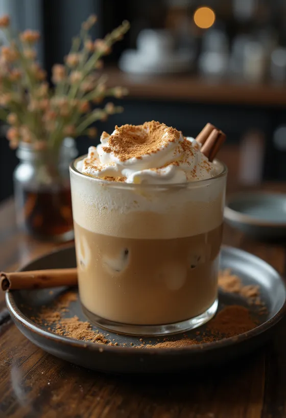 Băutură de cafea Frappé cu scorțișoară și mentă, decorată cu frișcă, baton de scorțișoară și frunze de mentă