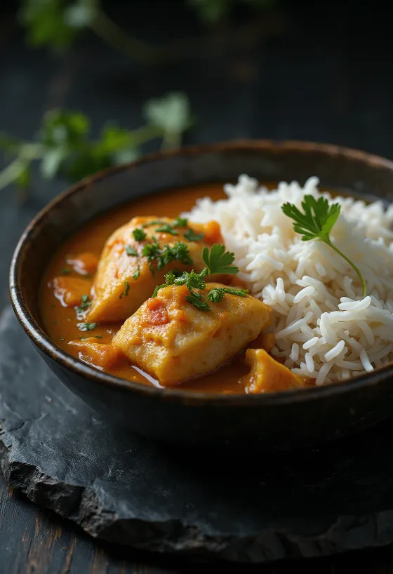 Moqueca servită cu orez alb, pește și lapte de cocos