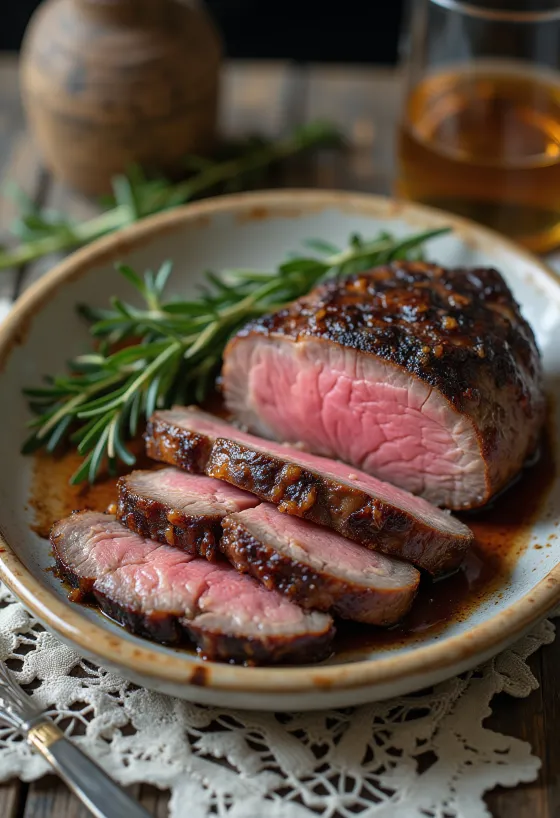 Steak de cerb afumat servit cu legume coapte și rozmarin