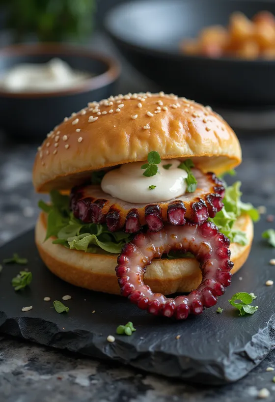 Bao bun cu caracatiță prăjită servit