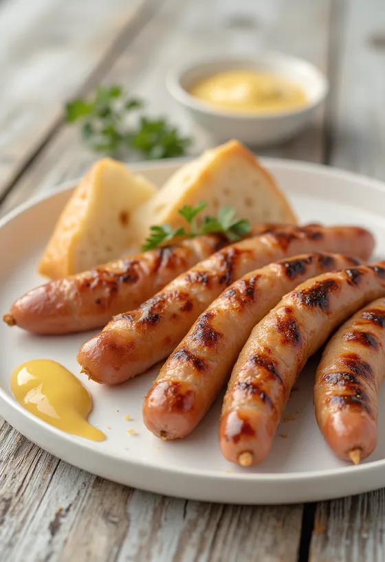 Crenvurști prăjiți aurii cu coajă crocantă, serviți cu muștar și pâine proaspătă