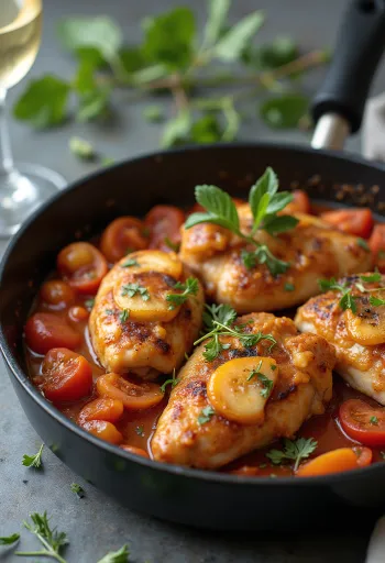 Pui Cacciatore cu usturoi, servit cu sos de roșii și măsline